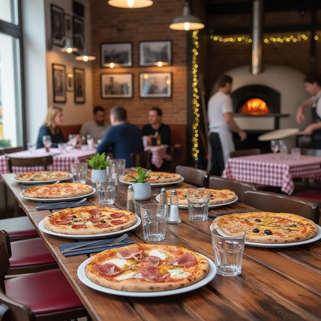 Salle de pizzeria avec pizzas servies à table